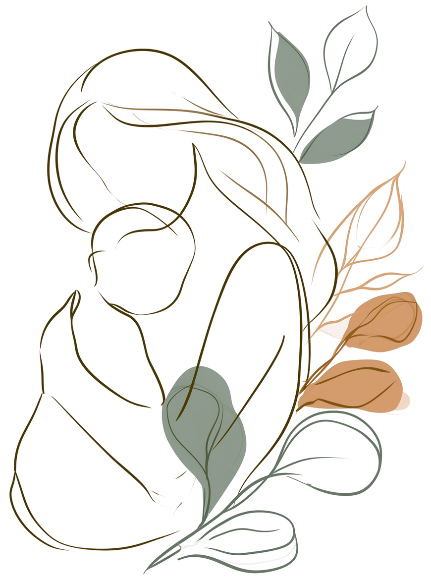 Line drawing of a mother cradling her baby, wrapped in eucalyptus and warm sand leaves